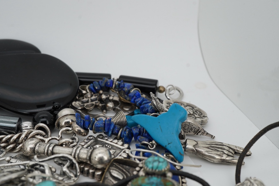 A small quantity of assorted silver and costume jewellery, including a French drop brooch and necklace by Zoe Coste, a rough cut opal set necklace and a pair of silver and turquoise drop earrings by Ron Wesley
